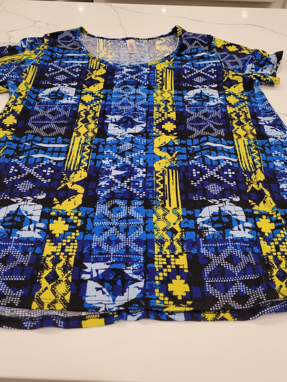 LULAROE Vibrant Blue & Yellow Patterned Short Sleeve Top